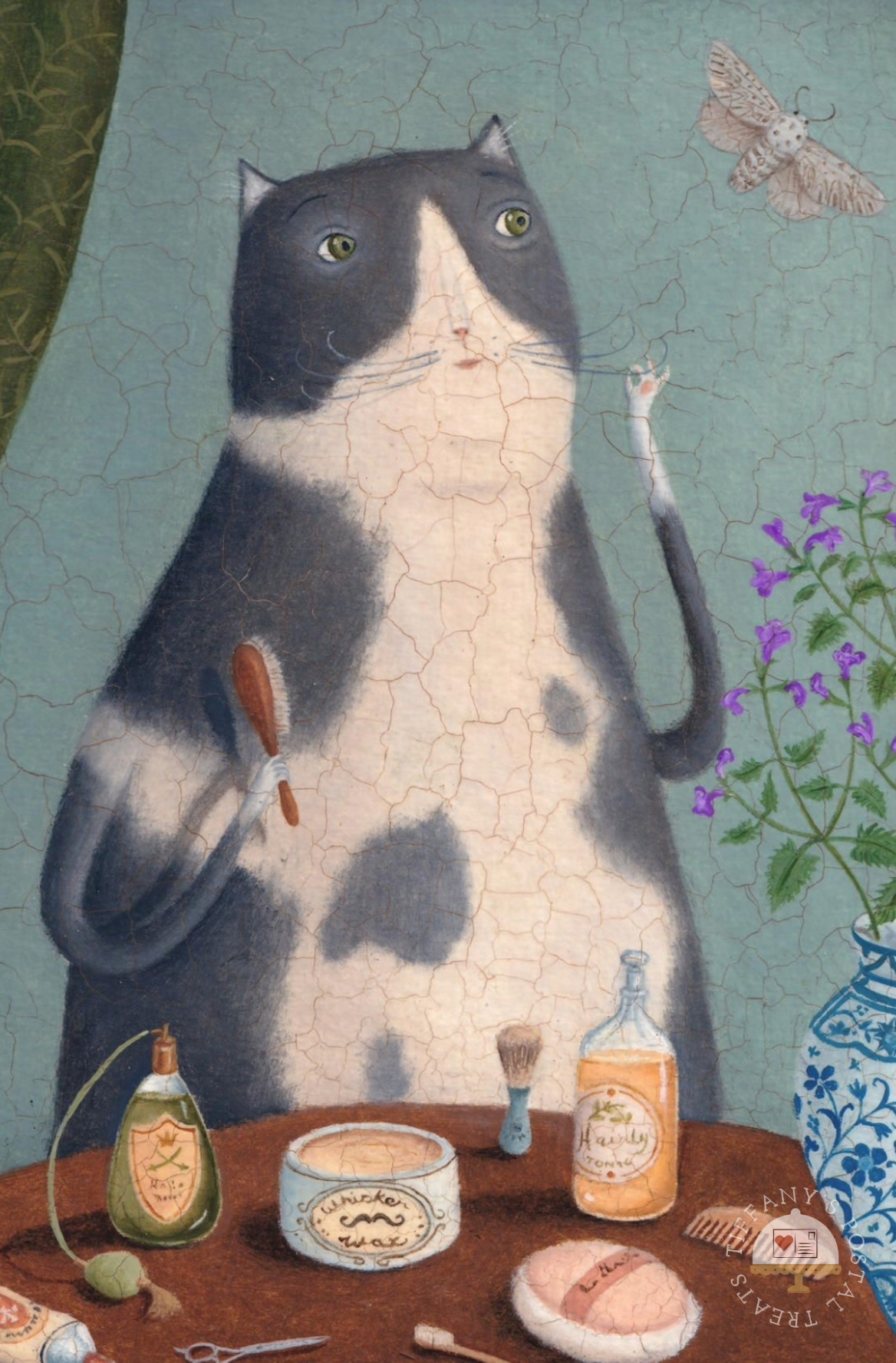 The Cat's Whiskers Postcard by Inkognito featuring a vintage-style illustration of a gray-and-white cat standing at a table with grooming items, holding a brush, with flowers and a blue-and-white vase on a teal background.