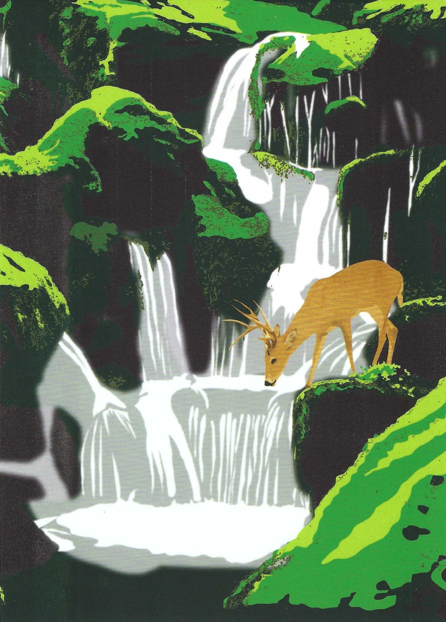 Editor - Art of Emotion Postcard featuring a deer standing near a waterfall in a forest