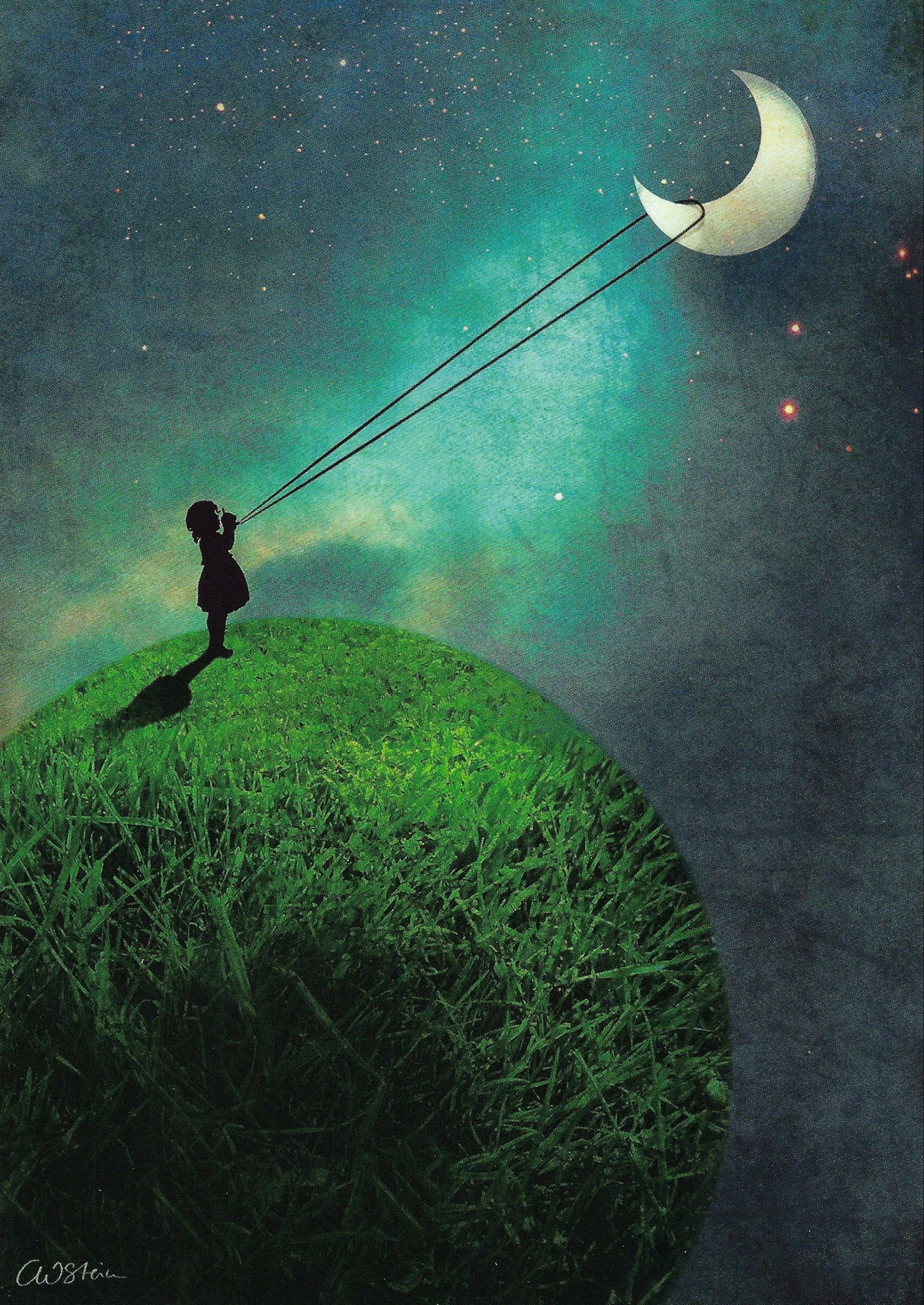 The Moon Postcard by Catrin Welz-Stein featuring a person standing on a grassy planet holding onto a rope attached to a crescent moon against a starry sky.