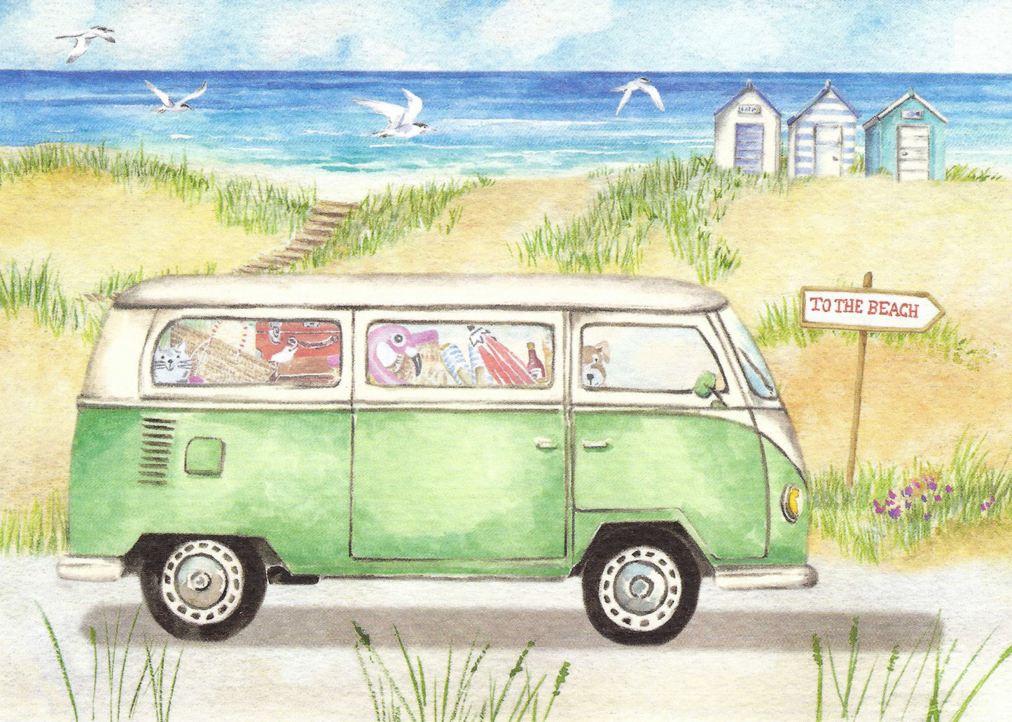 To the Beach Campervan Postcard by Carola Pabst - Edition Gollong featuring a vintage van on a beach with houses and seagulls in the background