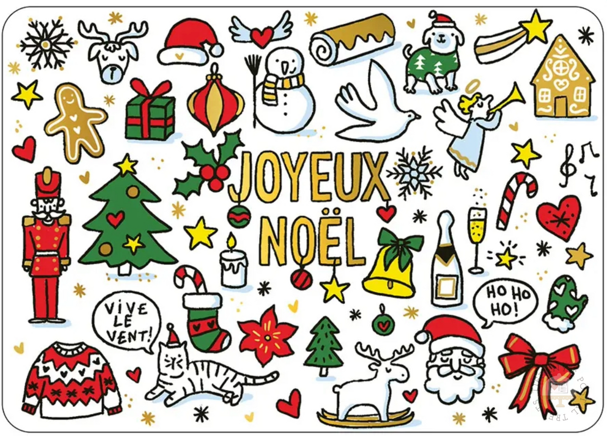 Merry Christmas Postcard by Cartes d’Art featuring holiday icons including a Christmas tree, Santa Claus, snowman, gifts, candy canes, bells, stars, and snowflakes and more on a white background with gold foil details.
