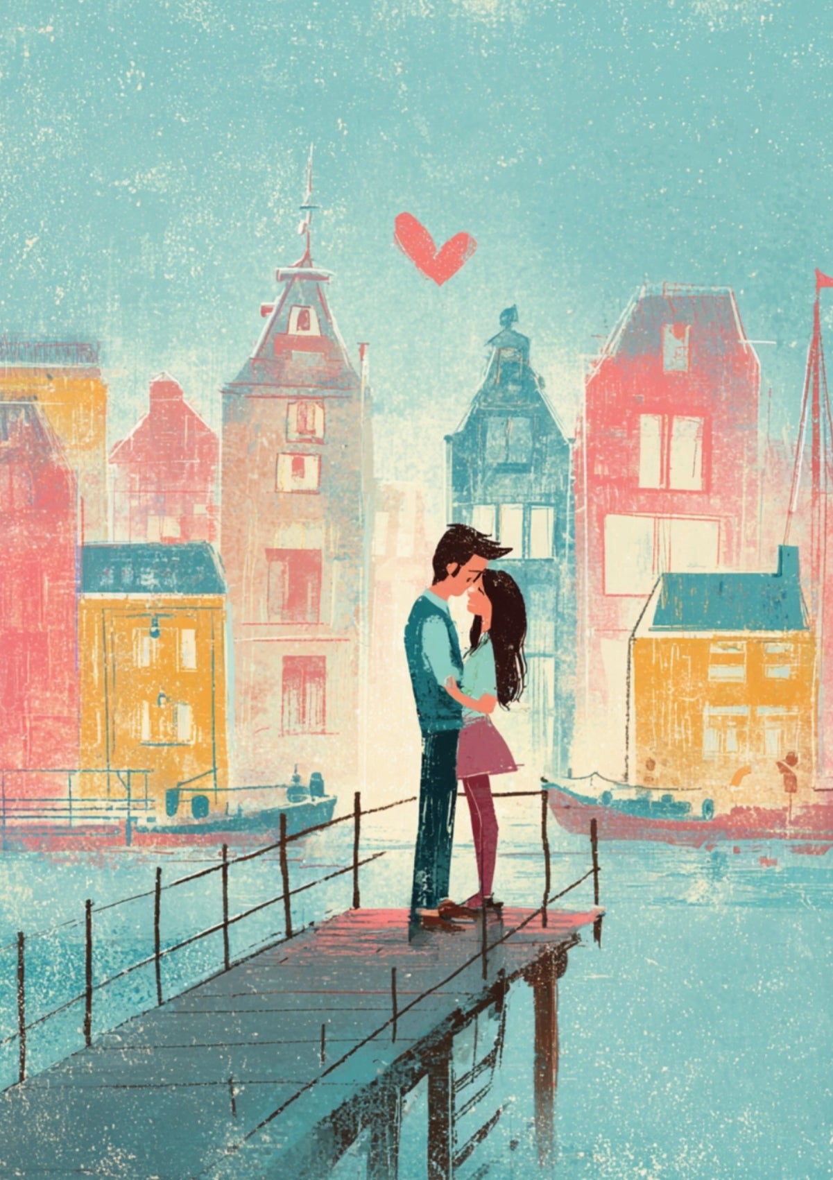 Between Us - Love Postcard by Fripperies featuring an illustration of a couple embracing on a dock with a heart above them