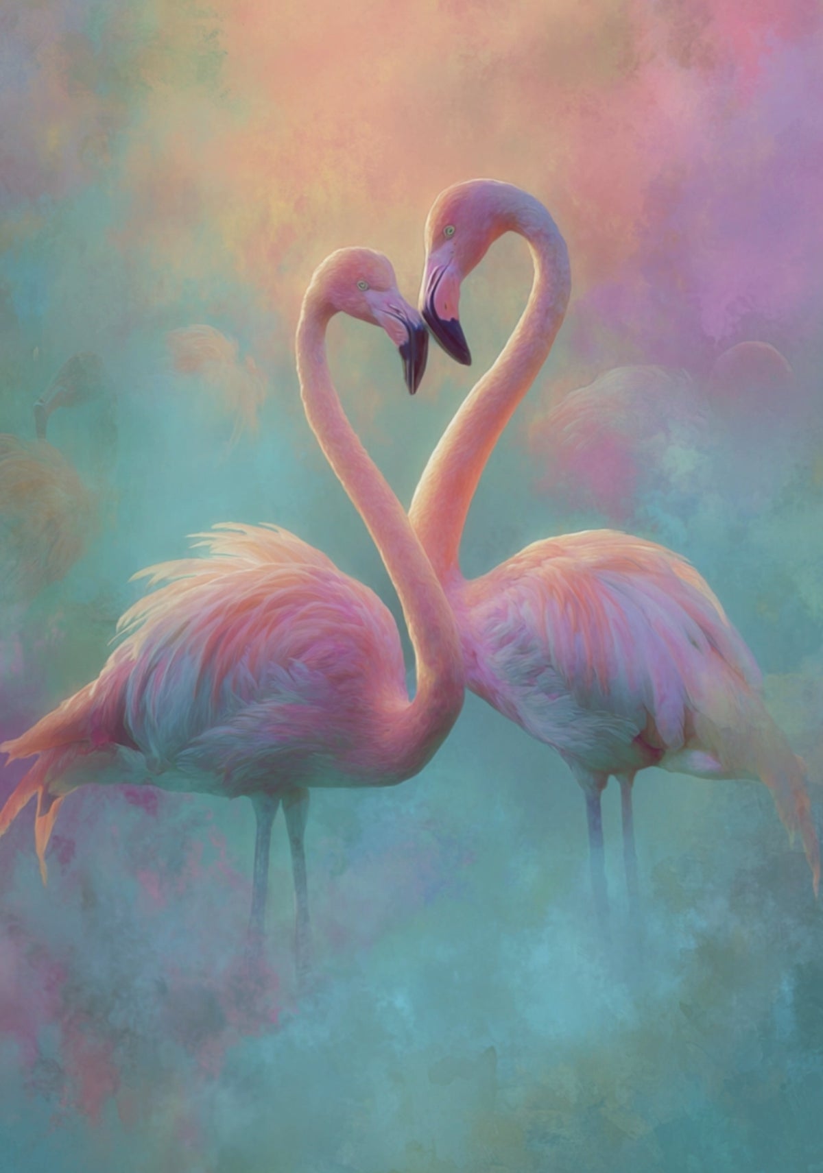 Flamingo Love Postcard by Fripperies featuring two pink flamingos forming a heart shape against a colorful, blurred background