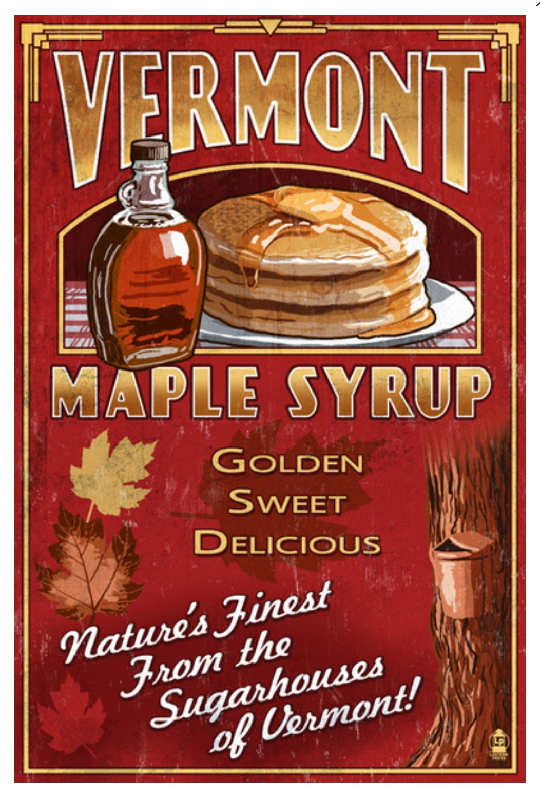 Lantern Press Vermont - Maple Syrup Vintage Sign Postcard featuring Vermont maple syrup, pancakes and a bottle of syrup.