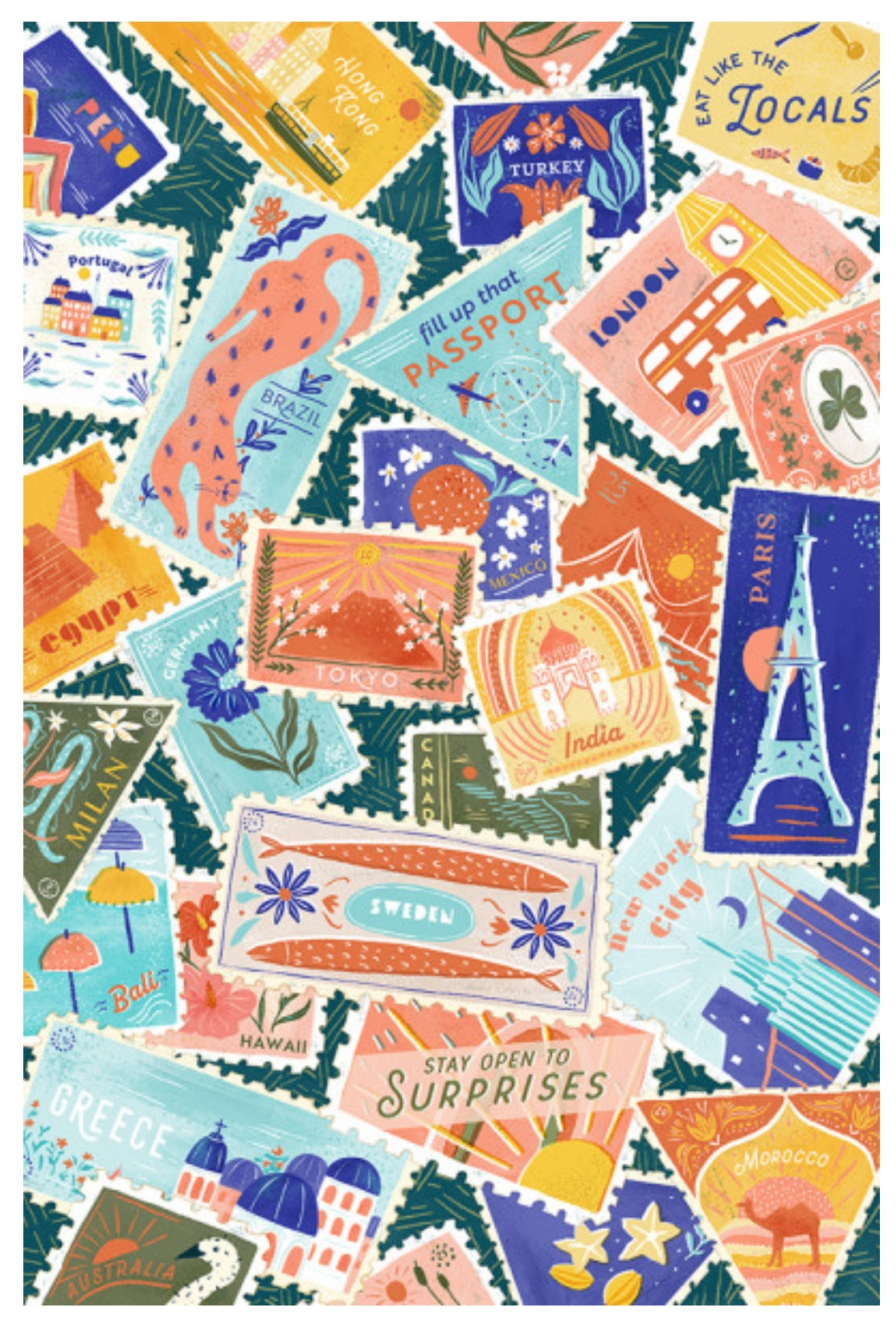Well Traveled Postcard by Lantern Press featuring a collage of illustrated stamps in many colors, including destinations like Paris, Tokyo, Egypt, India, Sweden, and Greece, with decorative travel motifs and text.
