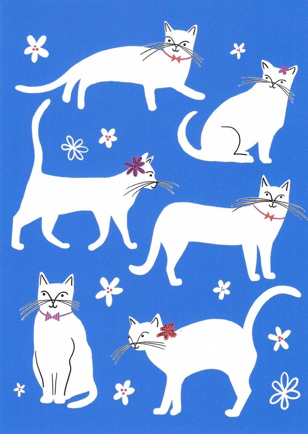 White Cats Postcard by Das Brooklyn featuring white cats with red bows on a blue background with white flowers