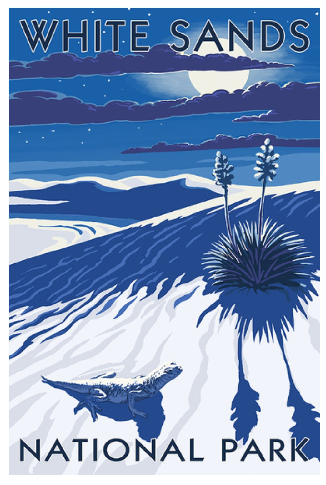 White Sands National Park postcard – Lantern Press night scene with moonlit desert dunes in New Mexico