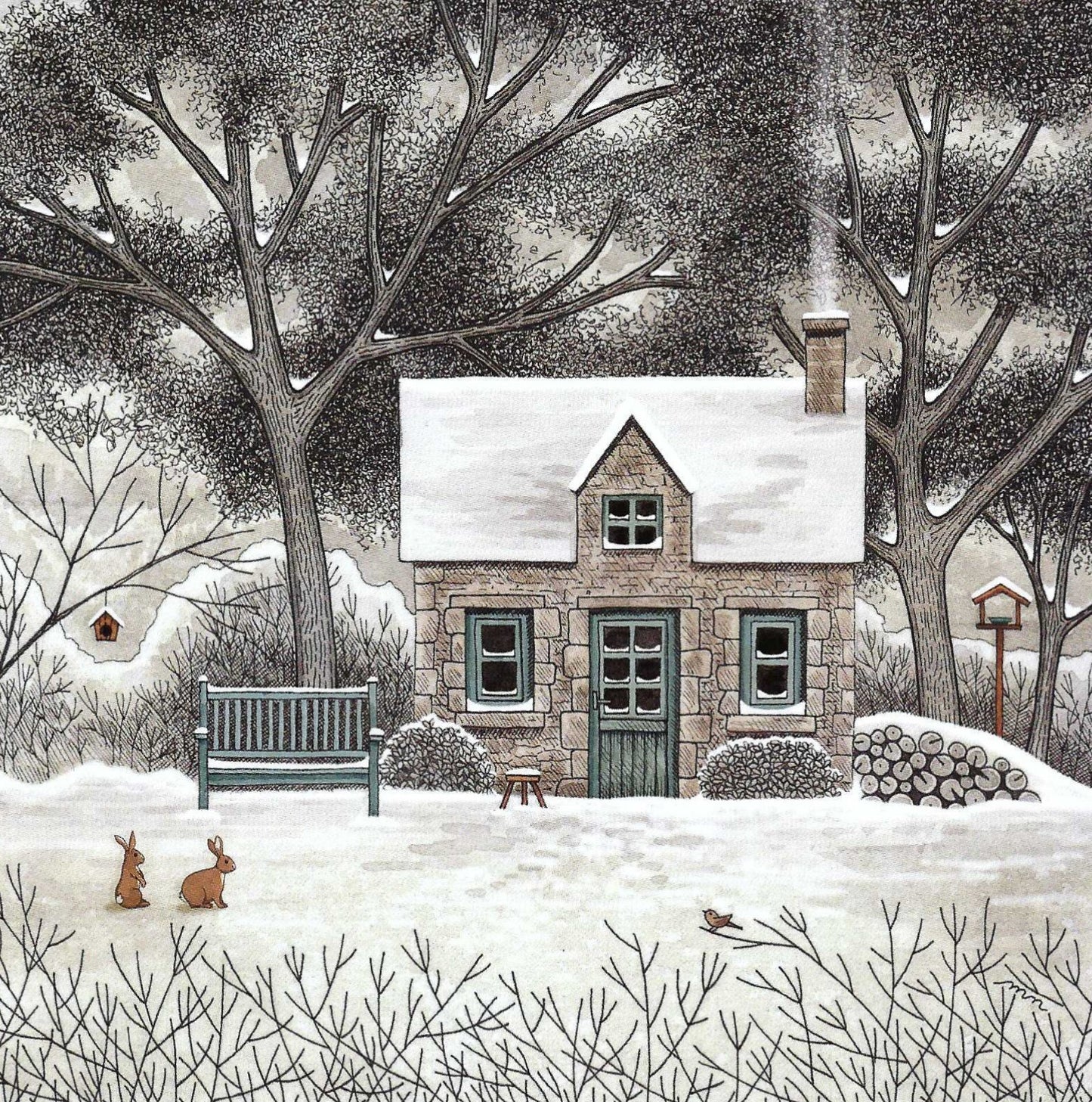 Winter Cottage Postcard by Editions Titi Pinson featuring a winter scene with a stone house, snow-covered trees, bunnies and a bench.