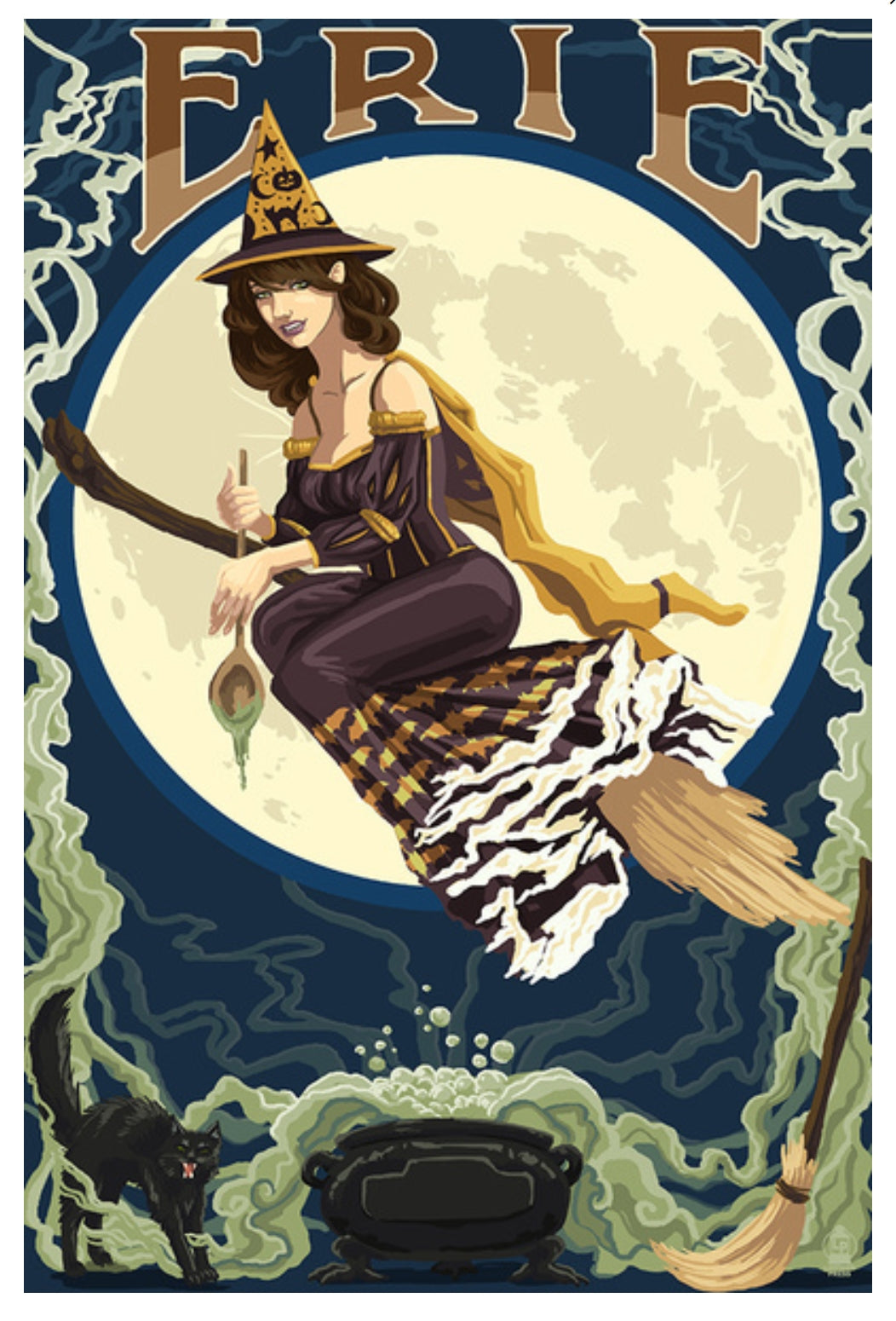 Lantern Press postcard featuring a witch on a Broom with a full moon, black cat, and spooky Halloween night sky and the text Erie, Pennsylvania