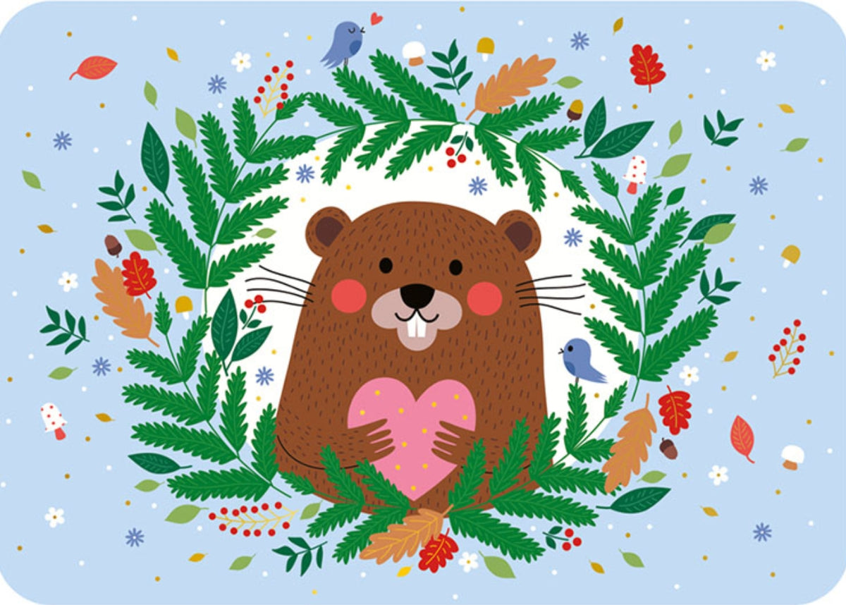 With All My Heart Postcard by Cartes d'Art featuring a cute cartoon beaver holding a pink heart, surrounded by a wreath of green leaves and pine branches on a light blue background with scattered small leaves and flowers.
