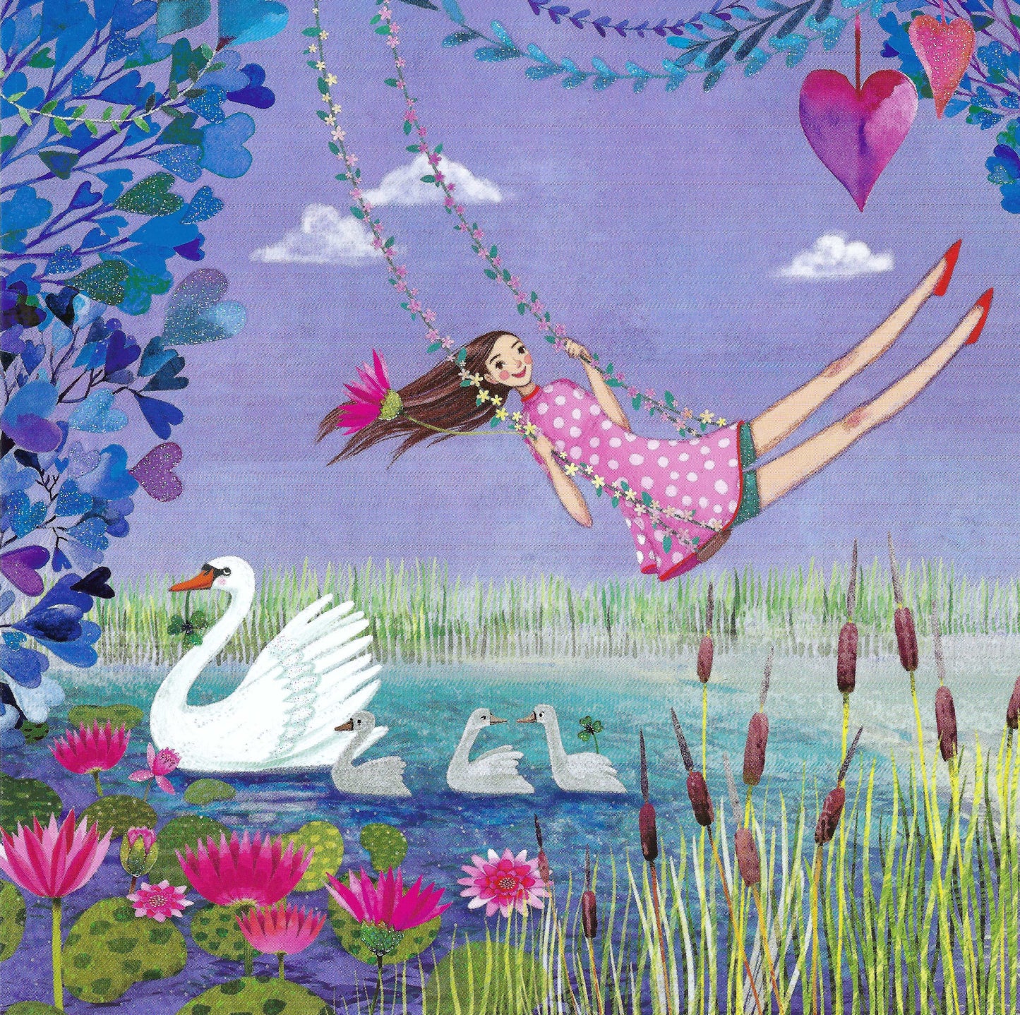 Woman on Swing with Swans Postcard by Mila Marquis - Edition Gollong featuring a girl on a swing over a pond with swans and flowers