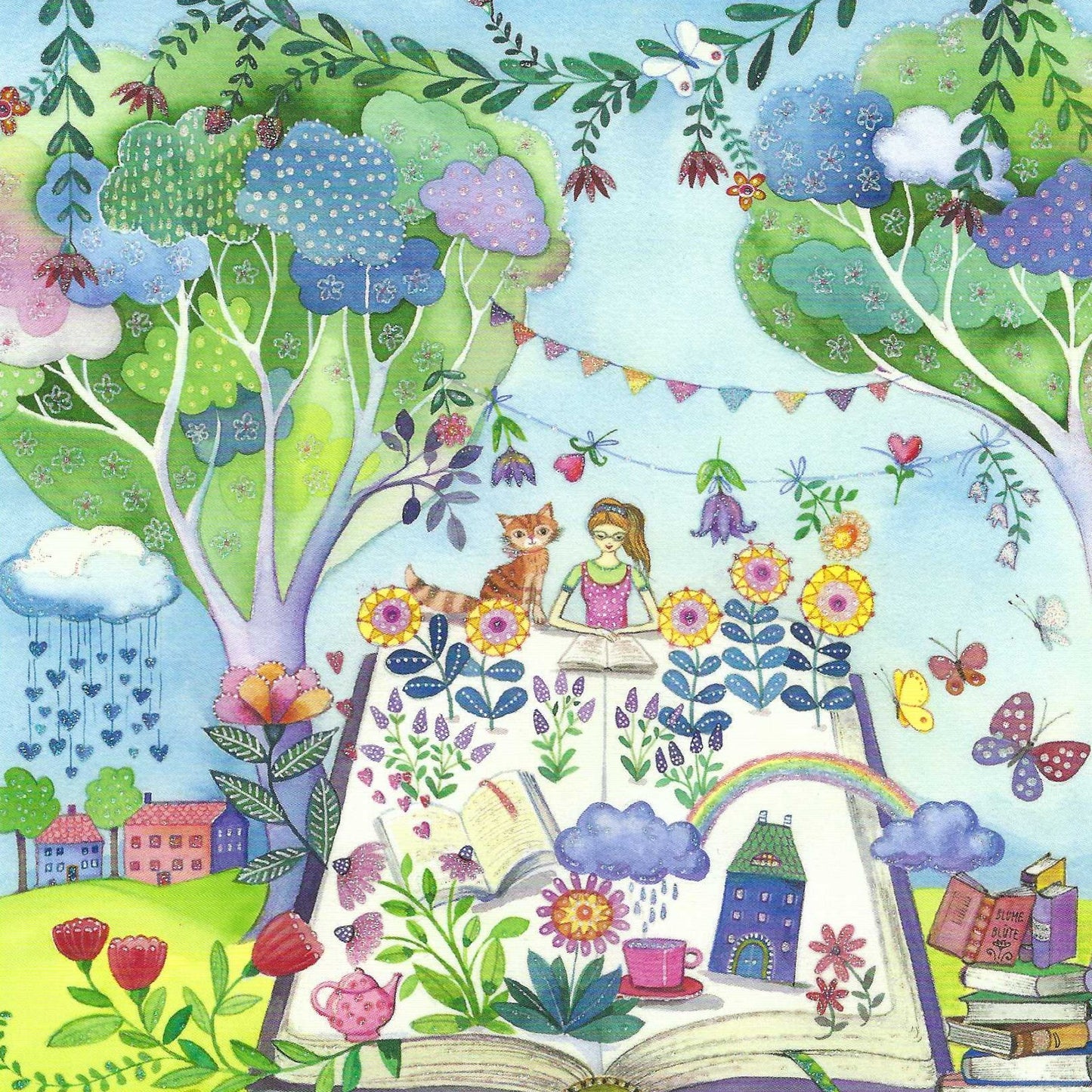 Woman with Book and Cat Postcard by Kristiana Heinemann featuring an illustration of a girl reading a book in a garden with trees, flowers, and a cat.