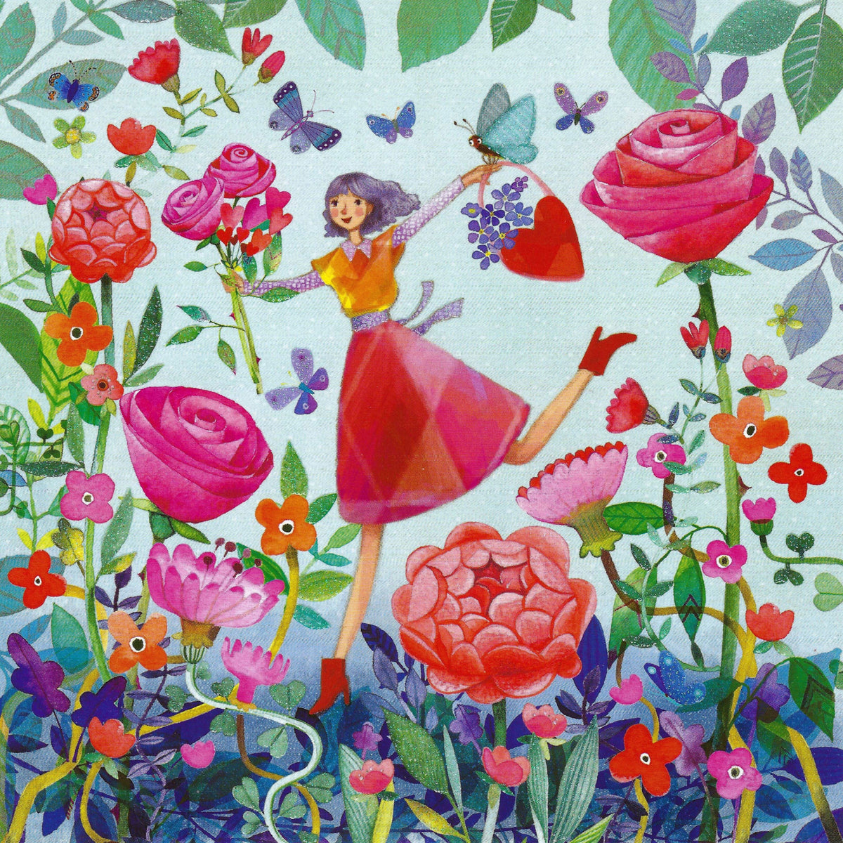 Woman with Roses Postcard by Mila Marquis - Edition Gollong featuring a colorful illustration of a woman in a garden filled with flowers and butterflies