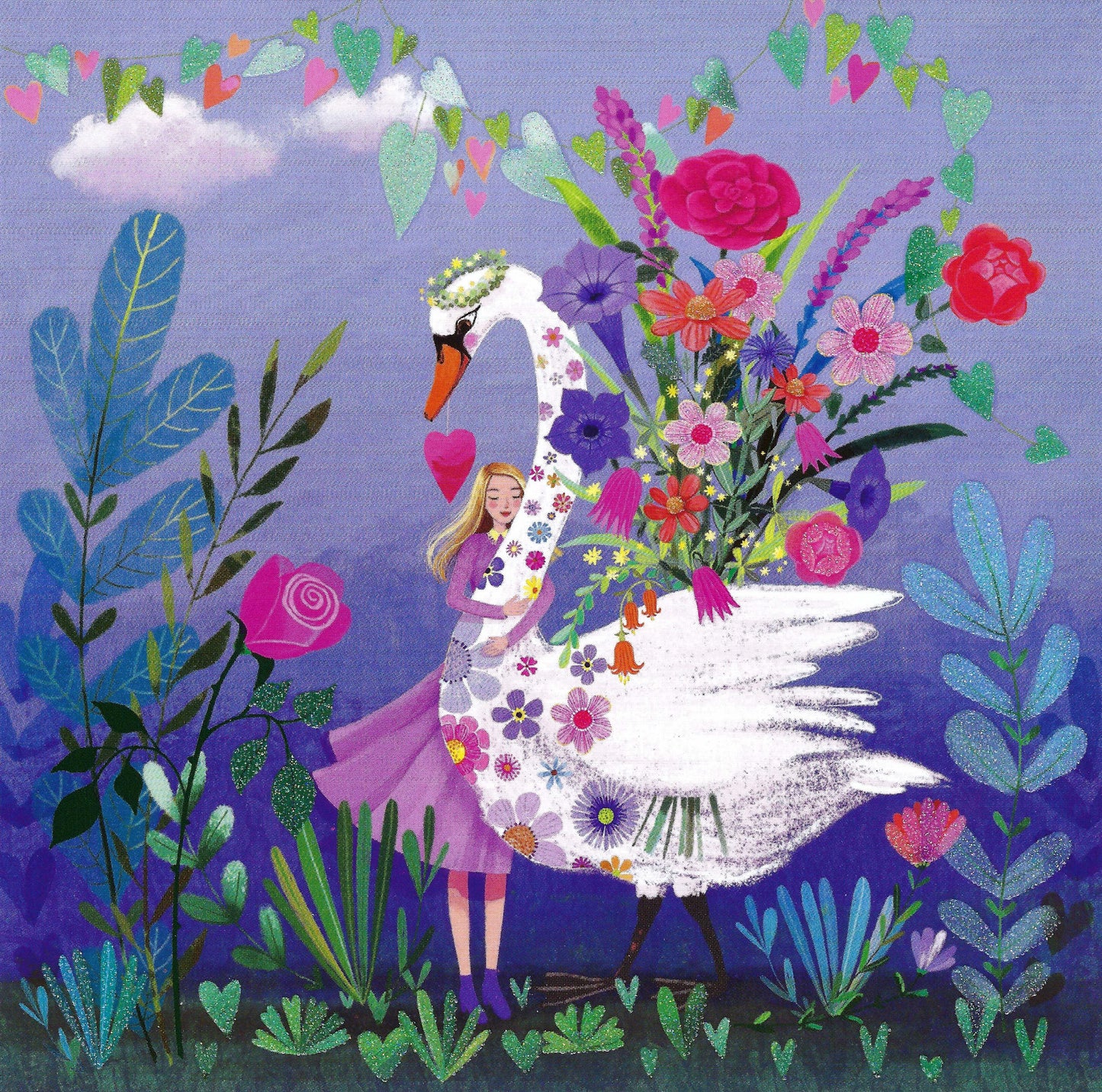 Woman with Swan Postcard by Mila Marquis - Edition Gollong featuring a swan and a girl surrounded by flowers and plants on a blue background