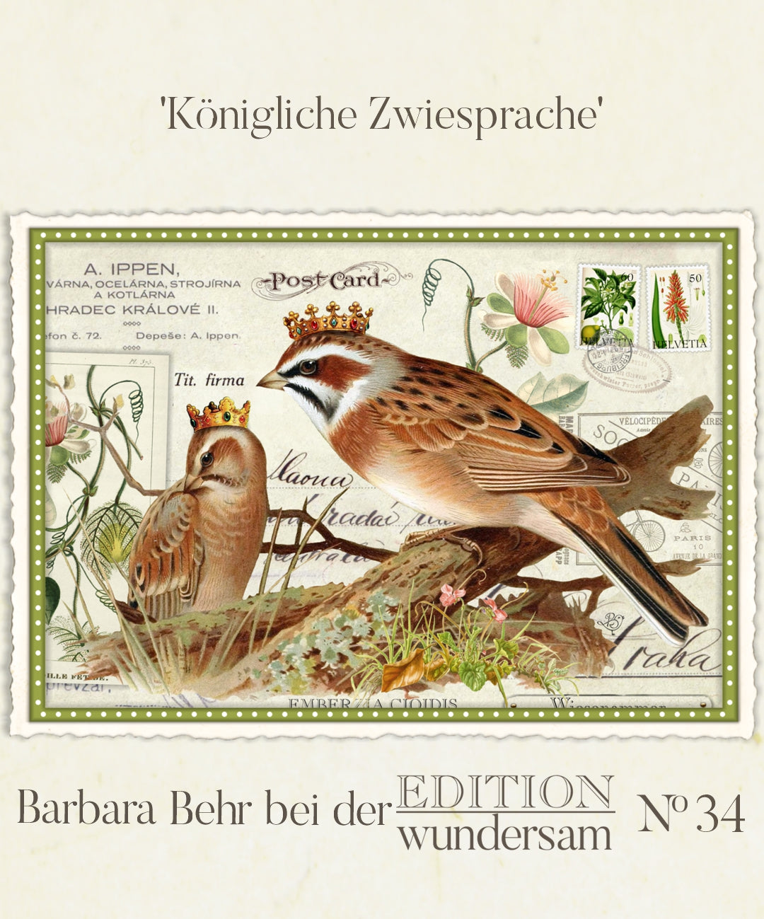 Royal Dialogue Postcard by Barbara Behr - Edition Wundersam No. 34 featuring a vintage-style postcard with birds and nature elements