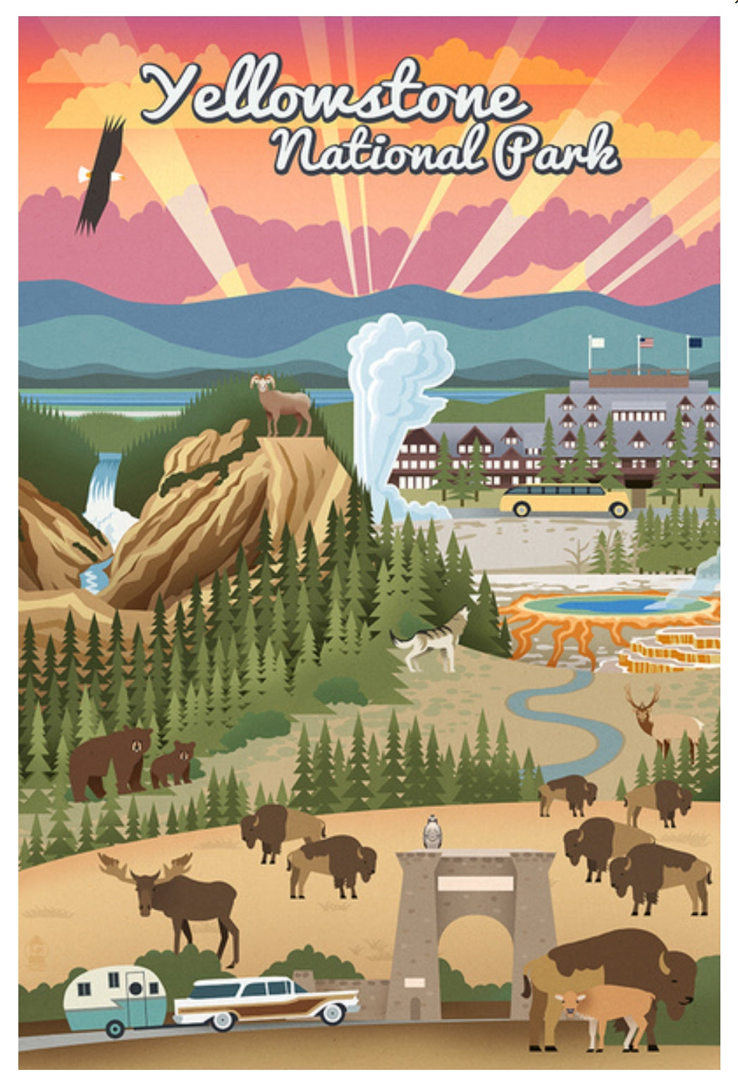 Lantern Press Postcard featuring an illustration of Yellowstone National Park with various elements like animals, landscapes, and a sunset.