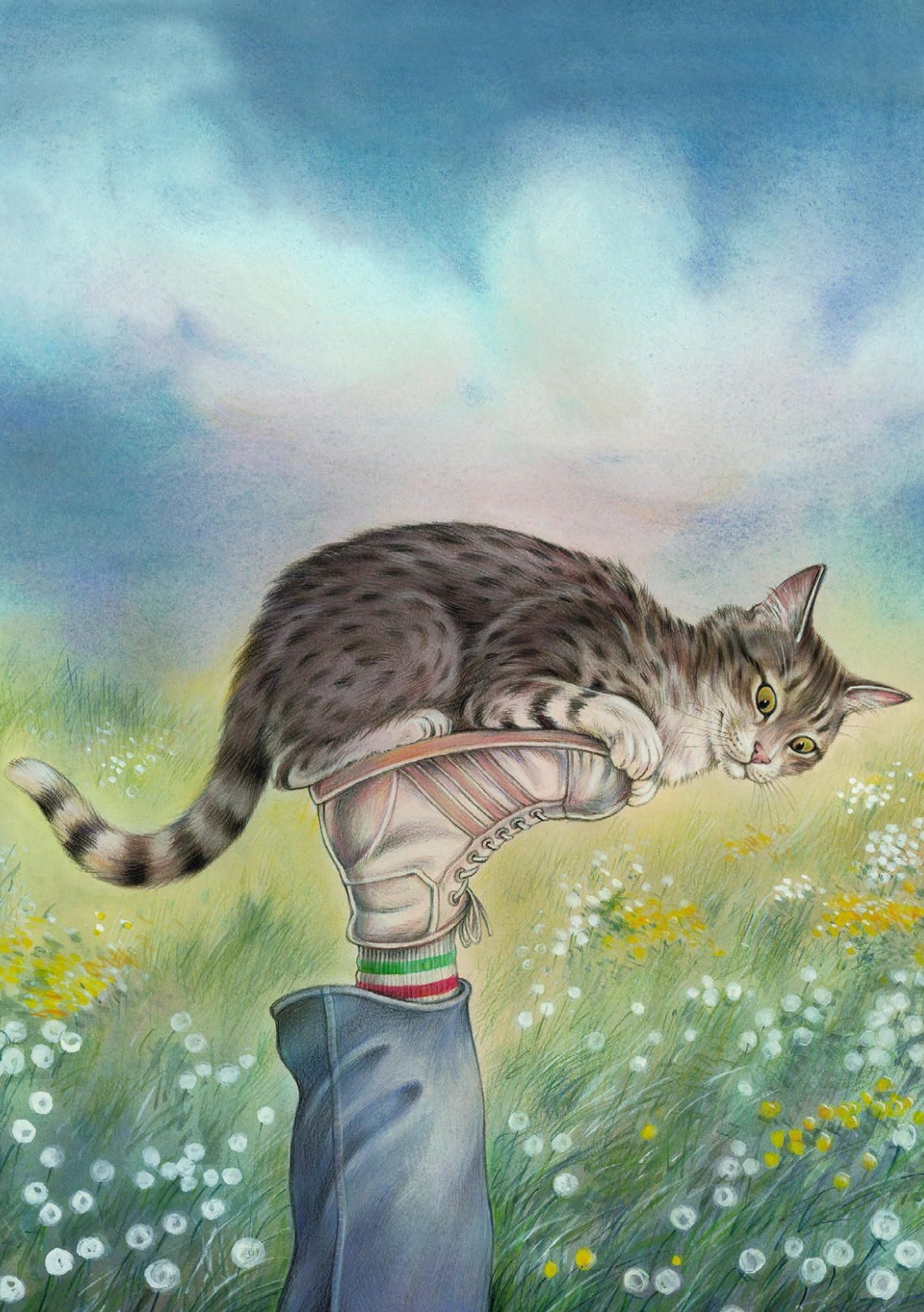You Can Tell Cats Anything Postcard by Inkognito featuring a gray tabby cat lying across a person's raised legs, with a grassy field and cloudy sky in the background.