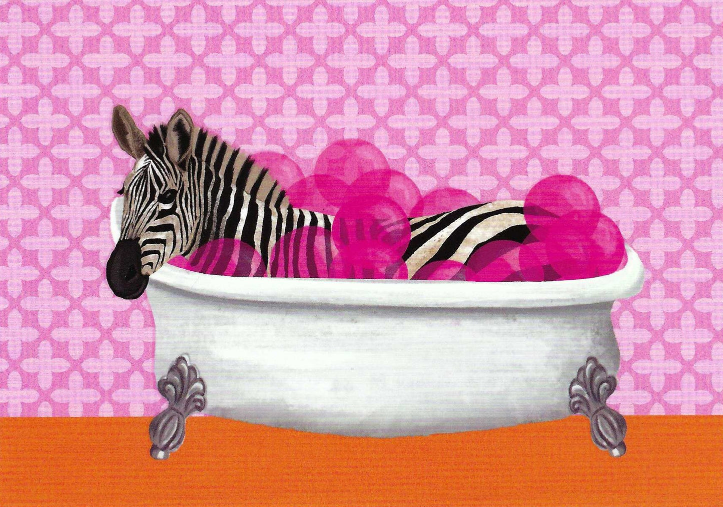 Zebra in Bathtub Postcard by Nobis Design featuring a zebra lying in a white clawfoot bathtub filled with bright pink bubbles, set against a pink patterned wall and orange floor.