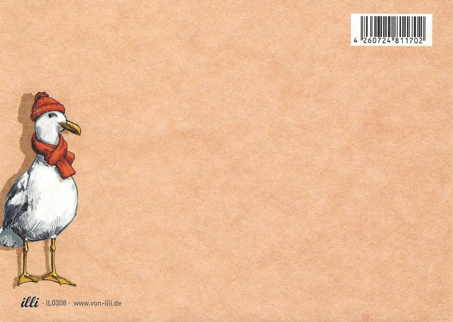 Nobis Design Postcard Back featuring an illustration of a seagull wearing a red hat and scarf