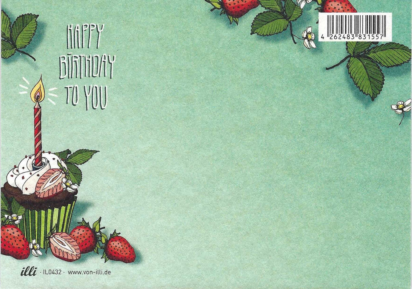 illi postcard back with cupcake, candle, and strawberries on a light green background and Happy Birthday to You text