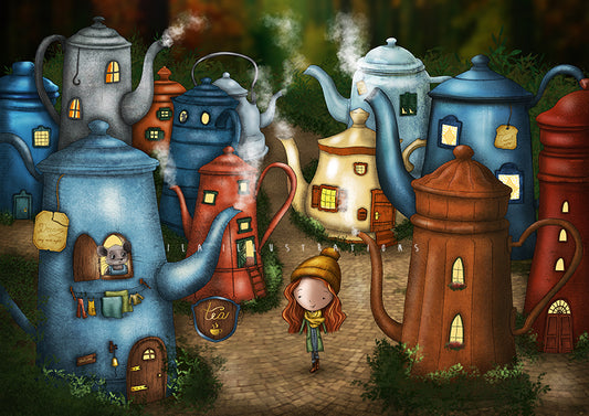 Tea Town Postcard by Ila Illustrations featuring an illustrated scene of teapots shaped like houses, with a small girl standing in the center on a cobblestone path. The artwork is colorful and fantasy-like, with blue, red, brown, and cream structures surrounding the girl.