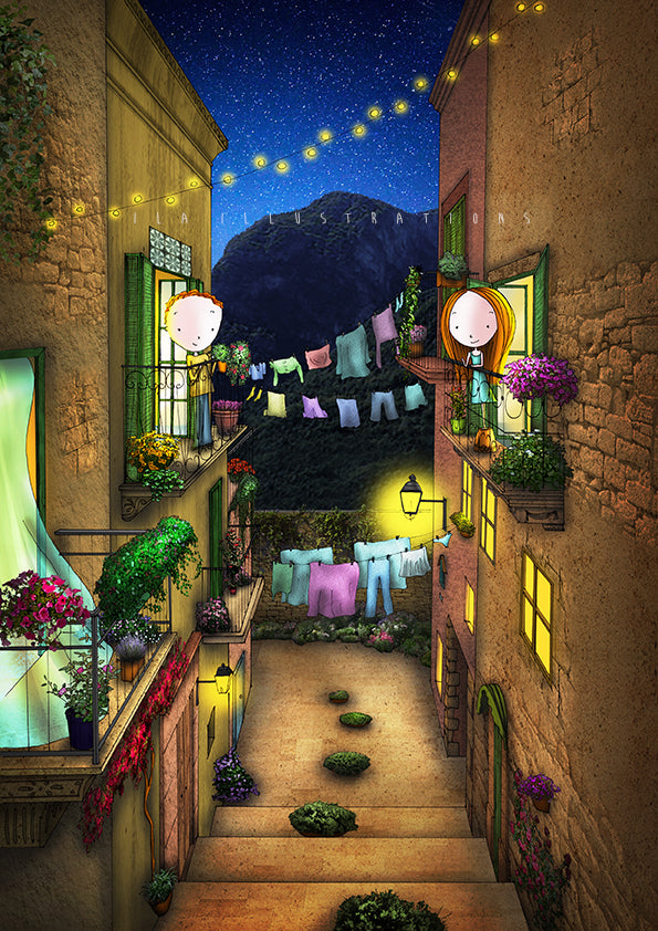 Balconies Postcard by Ila Illustrations featuring a whimsical illustrated village alley at night with stone buildings, glowing windows, hanging laundry, string lights, flowers, and a dark mountain in the background under a starry sky.