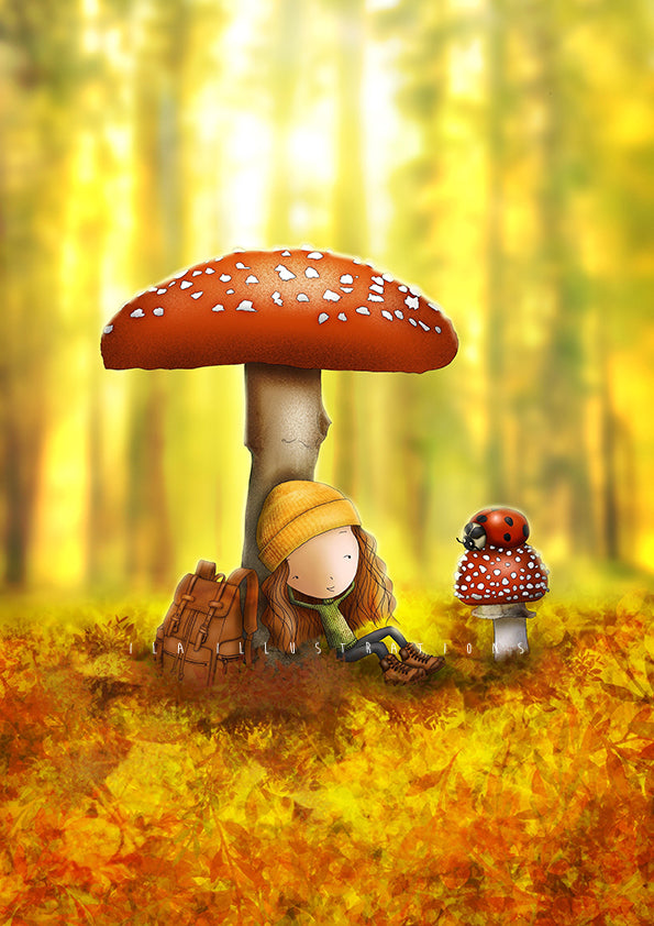 Forest Friends Postcard by Ila Illustrations featuring a girl under a large mushroom in a forest with another smaller mushroom, a backpack and a ladybug.