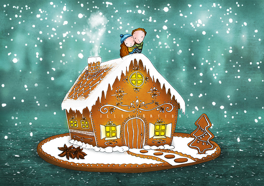 Gingerbread House Postcard by Ila Illustrations featuring a gingerbread house with snow on top and warm glowing windows, set against a snowy teal background with a couple huddled on the roof. A small gingerbread tree stands beside the house.