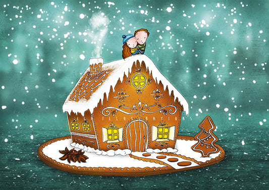 Gingerbread House Postcard by Ila Illustrations featuring a gingerbread house with snow on top and warm glowing windows, set against a snowy teal background with a couple huddled on the roof. A small gingerbread tree stands beside the house.