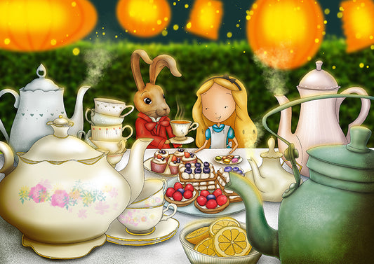 Alice in Ila Land Postcard by Ila Illustrations featuring a whimsical illustrated tea-party scene with teapots, cups, cakes, fruit, and two characters seated at a table under glowing orange lanterns.