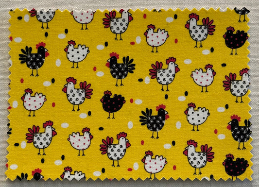 Fabric Postcard with chicken pattern on a yellow background