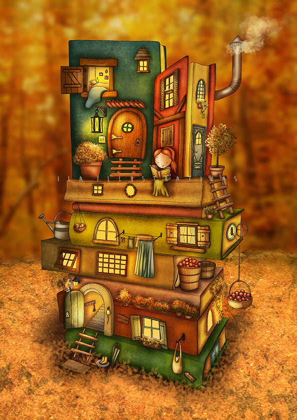 The Books House Postcard by Ila Illustrations featuring an illustration of a small stacked house made of books with multiple levels, colorful walls in teal, orange, yellow, and green, and warm glowing windows. A tiny girl reads a book, and steam rises from a chimney.
