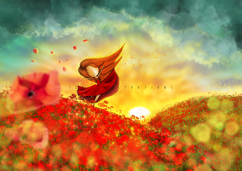Poppy Field Postcard by Ila Illustrations featruing a girl in a flowing red dress in a field of red poppy flowers at sunset, with glowing clouds and a bright sun in the sky.