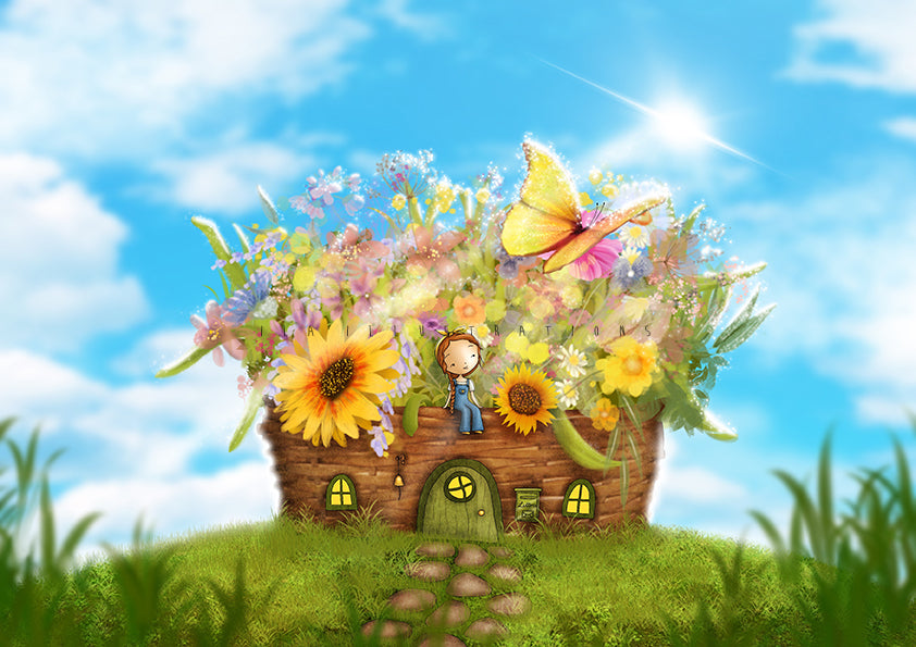 Summer Cottage Postcard by Ila Illustrations featuring a small flower-filled house on a grassy hill under a bright blue sky. The house has a brown basket-like body, a green door, yellow flower details, and is surrounded by sunflowers, wildflowers, a butterfly, and a small girl.