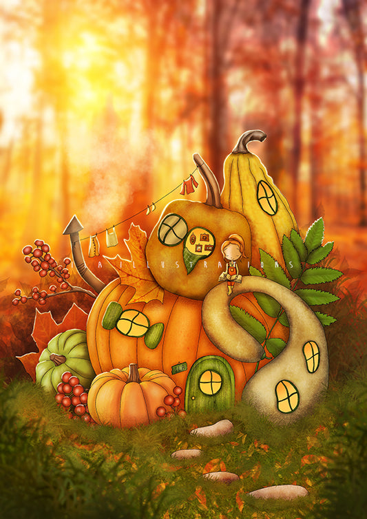Pumpkin Paradise Postcard by Ila Illustrations featuring an autumn illustration of stacked pumpkins and gourds forming a cozy house with glowing windows, surrounded by fall leaves, berries, and a warm glowing forest background. A girl is sitting on a gourd reading a book.