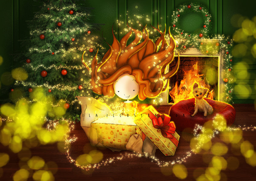 The Present Postcard by Ila Illustrations featuring a festive Christmas scene with a girl unwrapping a present, a lit fireplace, a Christmas tree, and a small dog sitting on a red cushion in a cozy room.