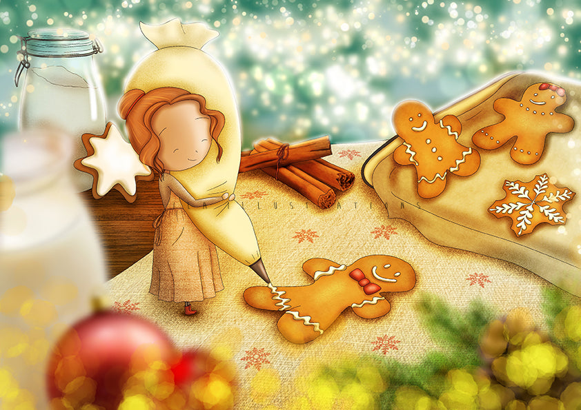 Gingerbread Friend Postcard by Ila Illustrations featuring a girl piping icing onto a gingerbread man cookie, with other decorated cookies, cinnamon sticks, a glass jar, and festive bokeh lights in the background.