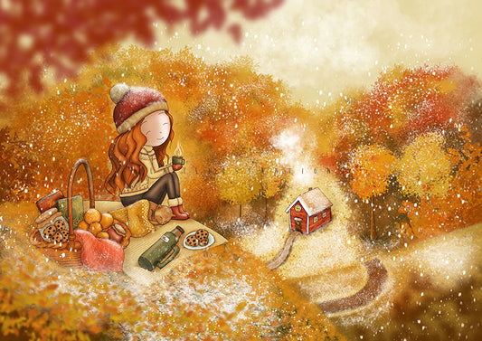 Winter Hike Postcard by Ila Illustrations featiromg a whimsical autumn landscape illustration featuring a girl sitting on a blanket with a picnic basket and a sleeping cat, surrounded by orange and yellow trees, a small red house, and falling snowflakes.