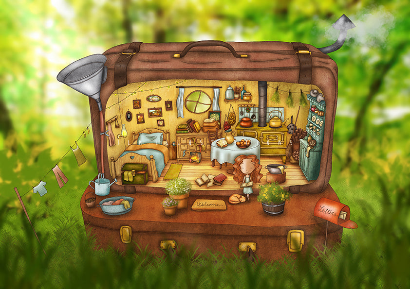Tiny Bubble Postcard by Ila Illustrations featuring a large brown suitcase opened like a dollhouse, filled with a cozy miniature interior. A girl sits reading a book, surrounded by a cat. detailed furniture, plants, and household items, all set against a blurred green outdoor background.