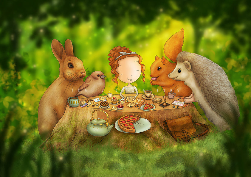 Postcrossing Love Postcard by Ila Illustrations featuring a whimsical illustrated scene of woodland animals gathered around a tree stump table in a sunlit forest. A rabbit, a bird, a squirrel, and a hedgehog sit at a table with a girl writing postcards with tea, food, and a basket, surrounded by green foliage.