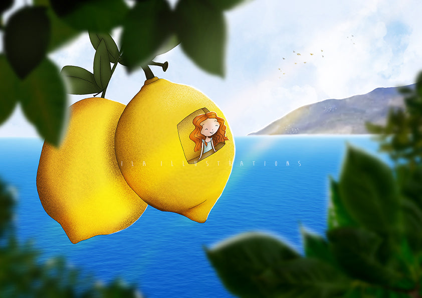 Amalfi Postcard by Ila Illustrations featuring two bright yellow lemons hanging from a leafy branch over a blue ocean scene, with a small girl looking out of the right lemon. The background shows water, distant land, and sky, with blurred green leaves framing the foreground.