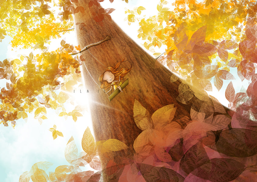 Autumn Swing Postcard by Ila Illustrations featuring an illustration of a large tree trunk with golden autumn leaves and a girl swinging on a swing hanging from the branches, set against a bright sky.