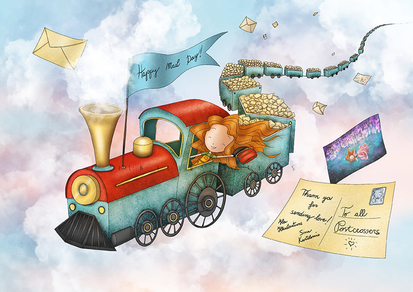 Happy Mail Day Postcard by Ila Illustrations featuring a toy train carrying a girl with long hair flying through a pastel sky, with envelopes, letters, and postcards floating around. The train has a red cab, teal body, and gold brass details, and the blue banner on the smokestack reads 'Happy Mail Day!'.