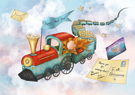 Happy Mail Day Postcard by Ila Illustrations featuring a toy train carrying a girl with long hair flying through a pastel sky, with envelopes, letters, and postcards floating around. The train has a red cab, teal body, and gold brass details, and the blue banner on the smokestack reads 'Happy Mail Day!'.
