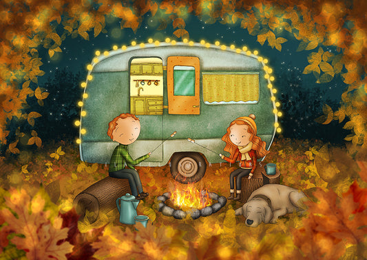 Campfire Postcard by Ila Illustrations featurng a whimsical camping scene of a couple roasting marshmallows by a campfire next to a vintage camper trailer, surrounded by falling autumn leaves and a sleeping dog under a starry night sky.