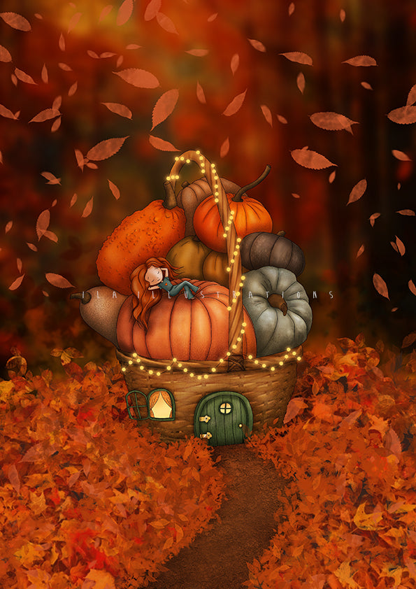 Pumpkin Season Postcard by Ila Illustrations featuring an illustration of a pumpkin house with a girl taking a nap surrounded by autumn leaves.