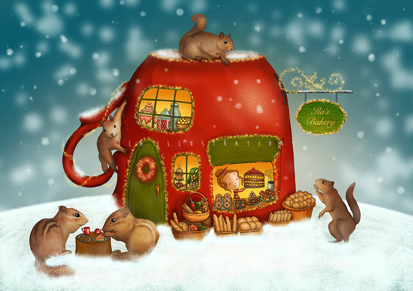 Ila's bakery Postcard by Ila Illustrations featuring a winter illustration of a red mug-shaped bakery with a green door and windows, surrounded by breads and desserts and squirrels and chipmunks in a snowy scene with falling snow. A hanging sign reads 'Ila's Bakery'.