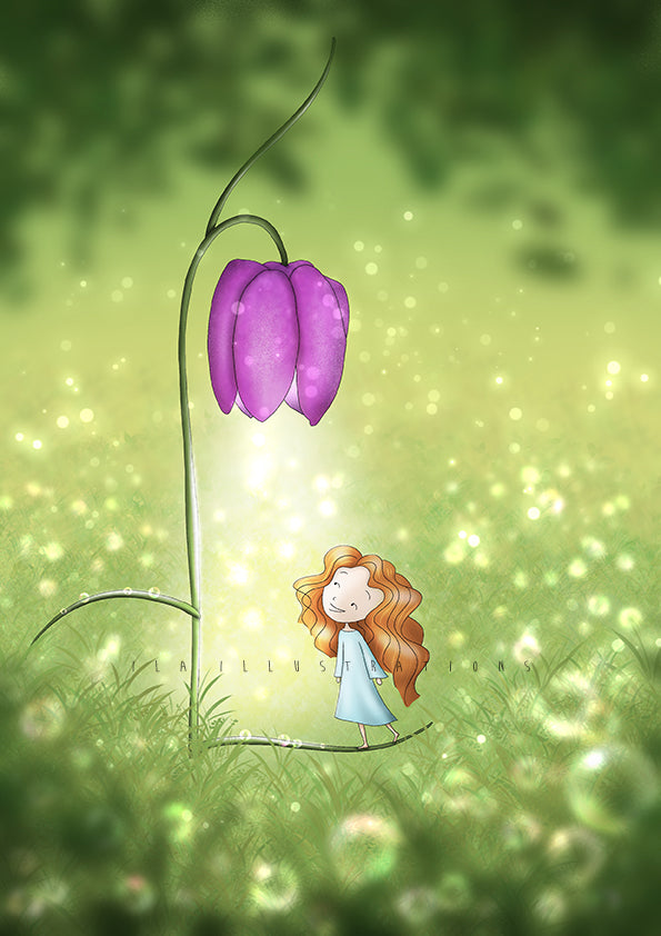 First flower Postcard by Ila Illustrations featuring a whimsical illustration of a small girl with long hair in a light blue dress standing beneath a large purple bell-shaped flower on a glowing green field.