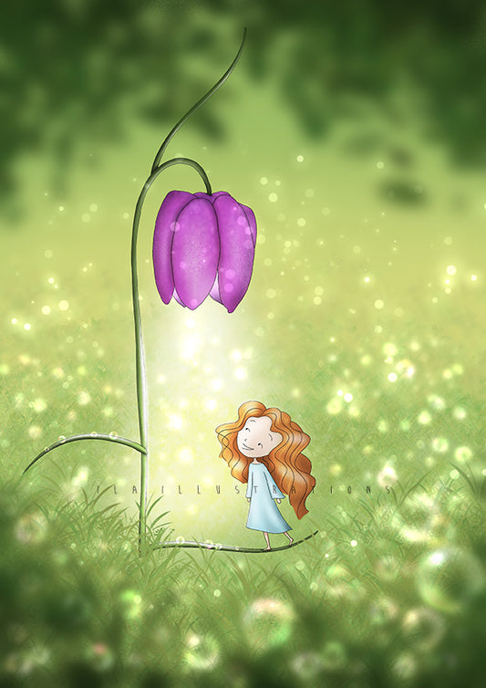 First flower Postcard by Ila Illustrations featuring a whimsical illustration of a small girl with long hair in a light blue dress standing beneath a large purple bell-shaped flower on a glowing green field.