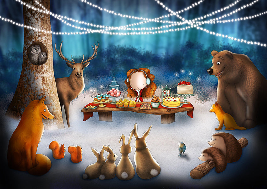 Party Night Postcard by Ila Illustrations featuring a winter forest scene with animals gathered around a table full of desserts: a deer, bear, fox, rabbits, squirrel, and a small bird. A person with long hair and earmuffs sits at the table under string lights in a snowy outdoor setting.
